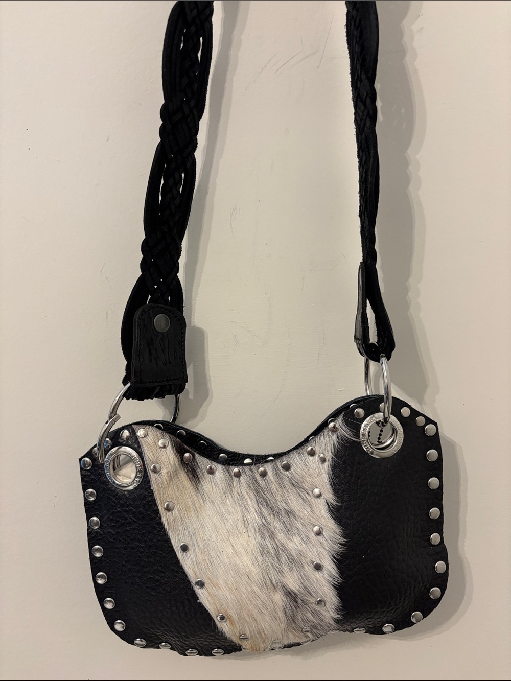 Black Studded Shoulder Bag with Cowhide Accent
